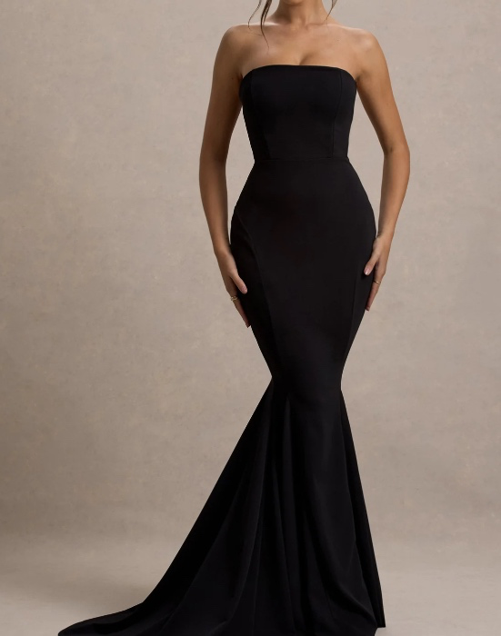 Impress Me | Black Strapless Bandeau Fishtail Maxi Dress | UK 8 / BLACK