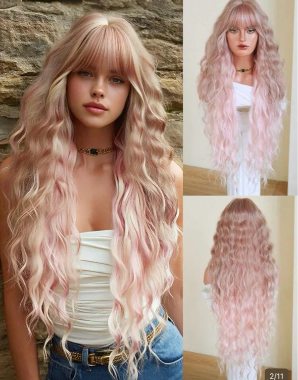 Long blonde pink wavy 