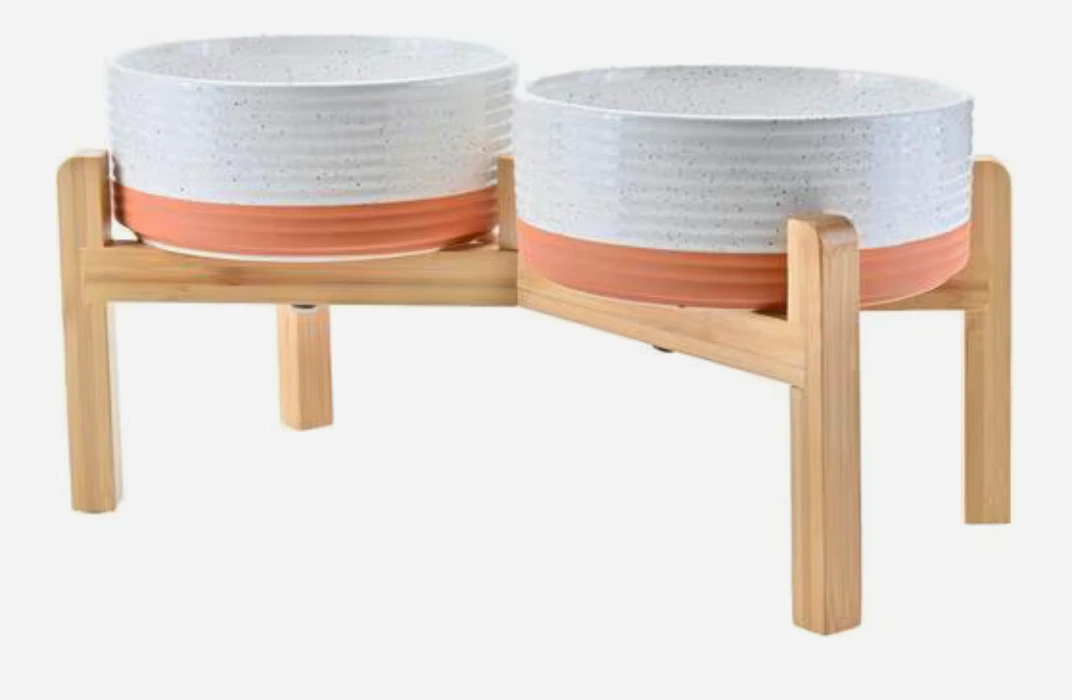 SpunkyJunky Ceramic & Bamboo Non-Slip Elevated Dog Bowls, 2 count, Paw Black, 3.6 cup