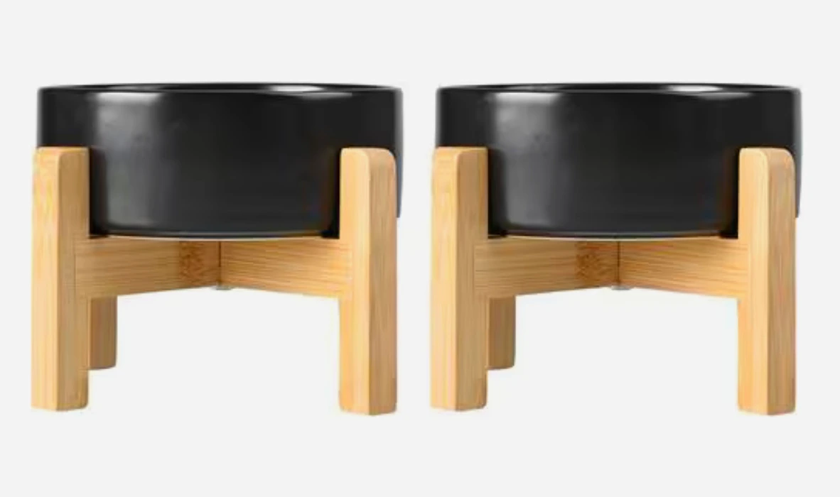 SpunkyJunky Ceramic & Wood Non-Slip Elevated Dog Bowls, 2 count, Black, 1.7 cup