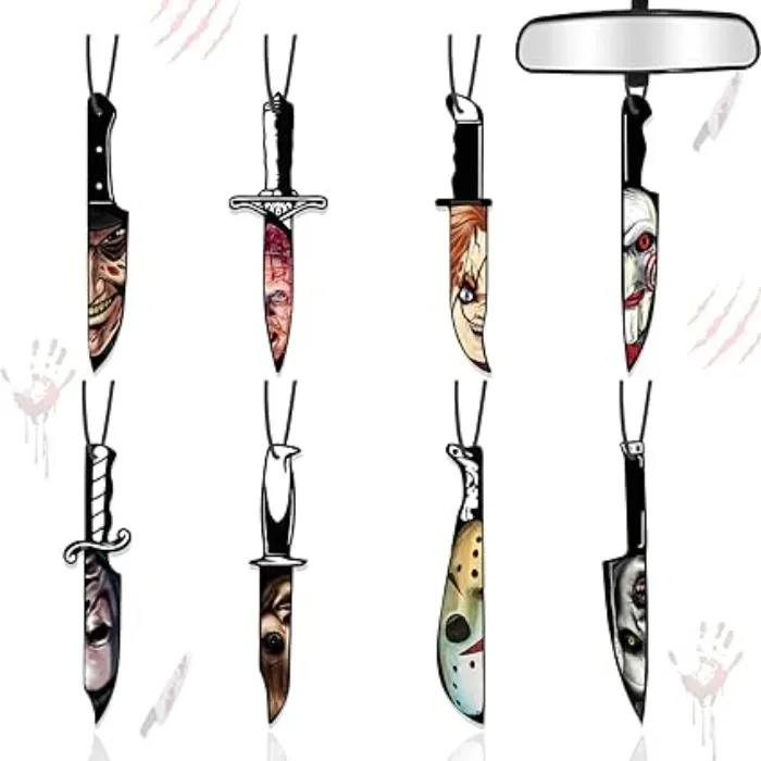 Car Air Fresheners Horror Movie Merchandise Halloween Tree Gifts Decoration Indoor 8 PCS, RearviewMirror Hanging Ornaments Knife Classic Character for Men Women Fan Lover Scary Christmas Party : Amazon.ie: Automotive
