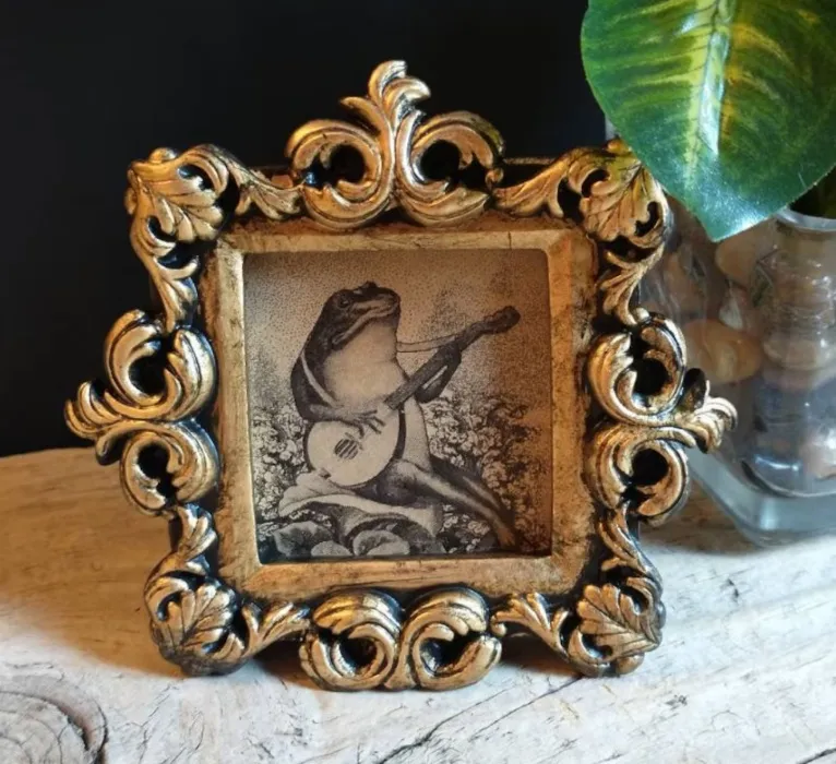 Frog Banjo Art Print in Baroque Frame - Miniature Curio