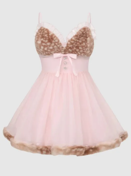 Bambi Princess Fur Chiffon Babydoll Dress 
