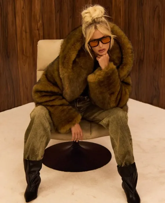 Hooded Oversized Coat In Brown Faux Fur