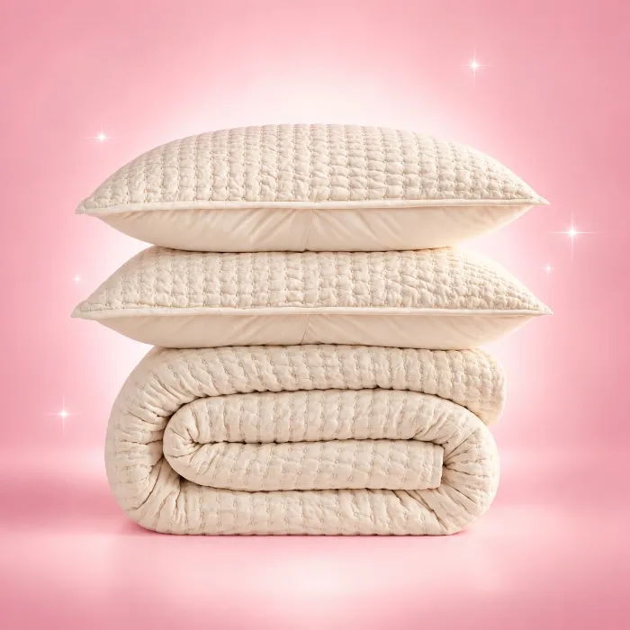 European Linen Cotton Stitch Quilt Set in Ivory