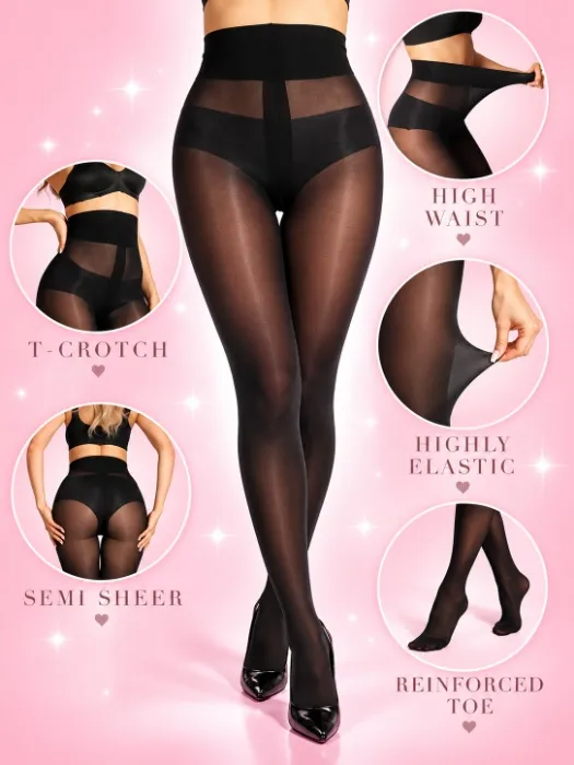 HOTBOSS Unbelievable Durability Tights, Rip Resistant Pantyhose, 40D Semi Sheer High Waist T-Crotch Strong Tights for Women - Medium - Black