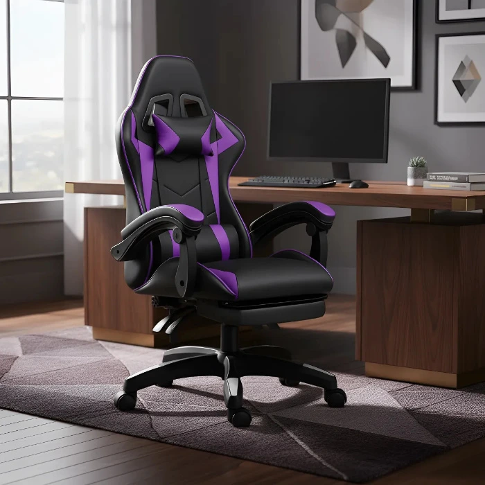 Gaming Chair w/ Footrest - Black and Purple