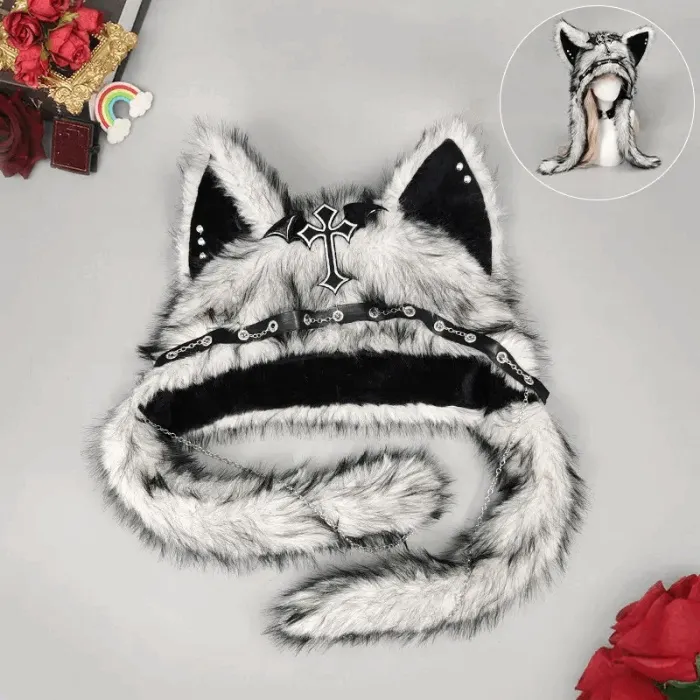 InkhuaseStore Y2K Dark Punk Fluffy Wolf EarDark Gothic Cross Cat Hat