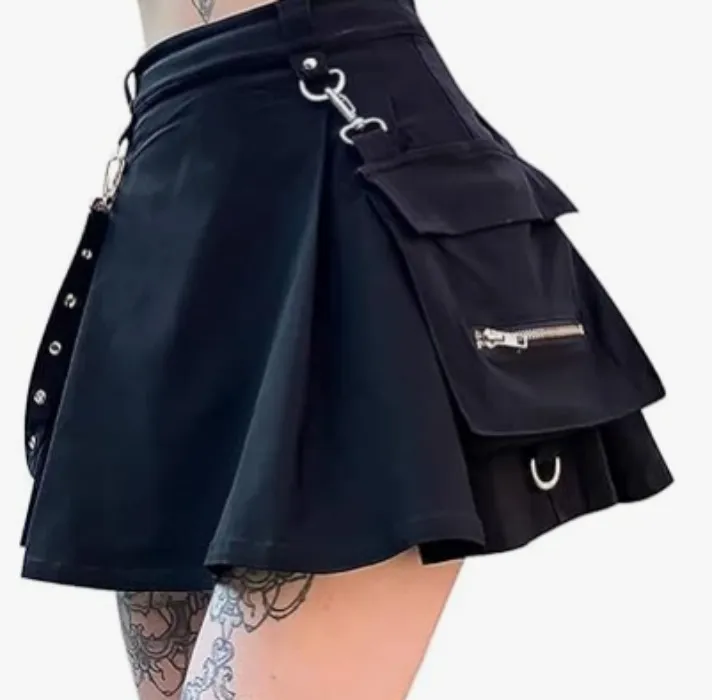 🍄Goth Black Pleated Mini Skirt with Chain High Waisted Tennis Skirt🍄