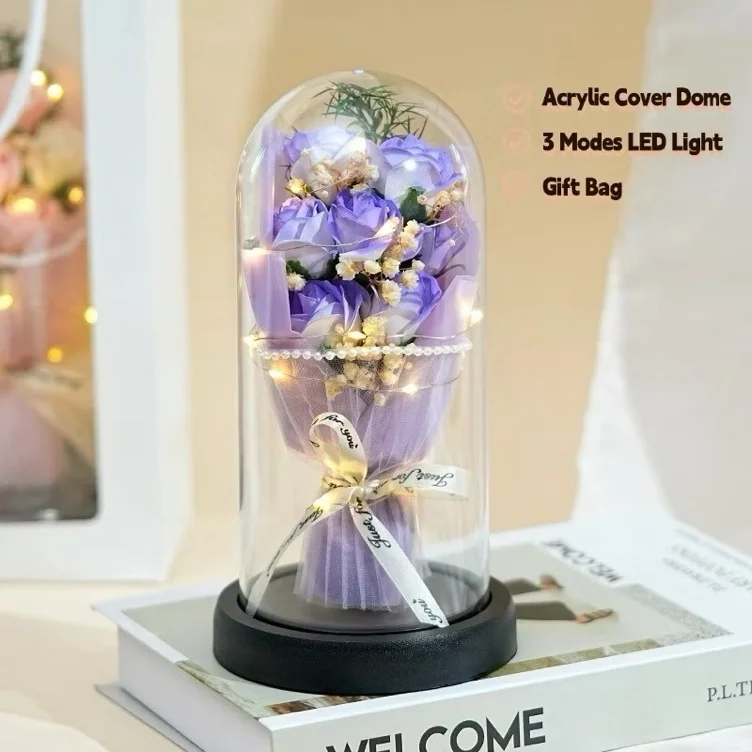 Artificial Rose Flower Acrylic Cover Dome 7Pcs Eternal Rose Bouquet LED Light Valentine's Day Gift