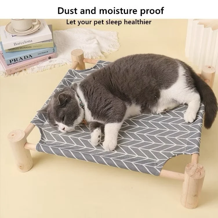 Wooden Elevated Pet Bed Cat Hammock With Stand Dog Bed Washable Cotton Canvas Cat Bed