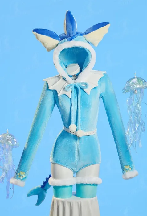 PM Derivative Fluffy Bodycon Romper Lingerie Blue Furry Hooded Bodysuit Jumpsuit Homewear with Tail Belt and Socks