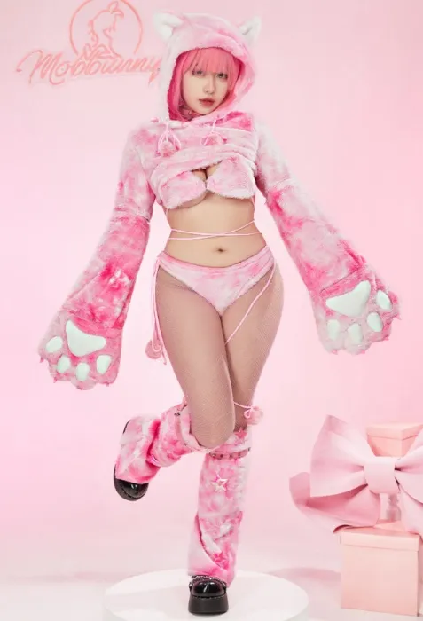 Furry Paw Lingerie Set Pink Cat Style Furry Top and Panty with Fishnet Stockings