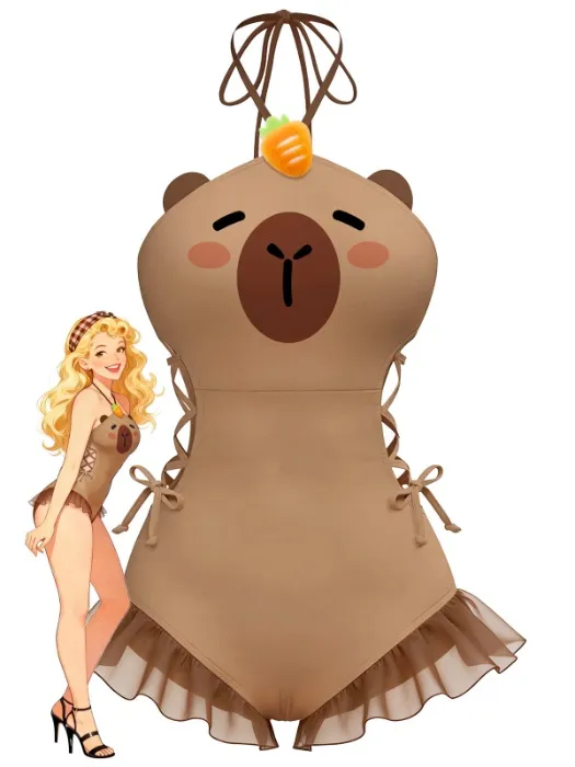 Brown 1960s Capybara Print Lace-Up Swimsuit | Light Brown / XXL / 14