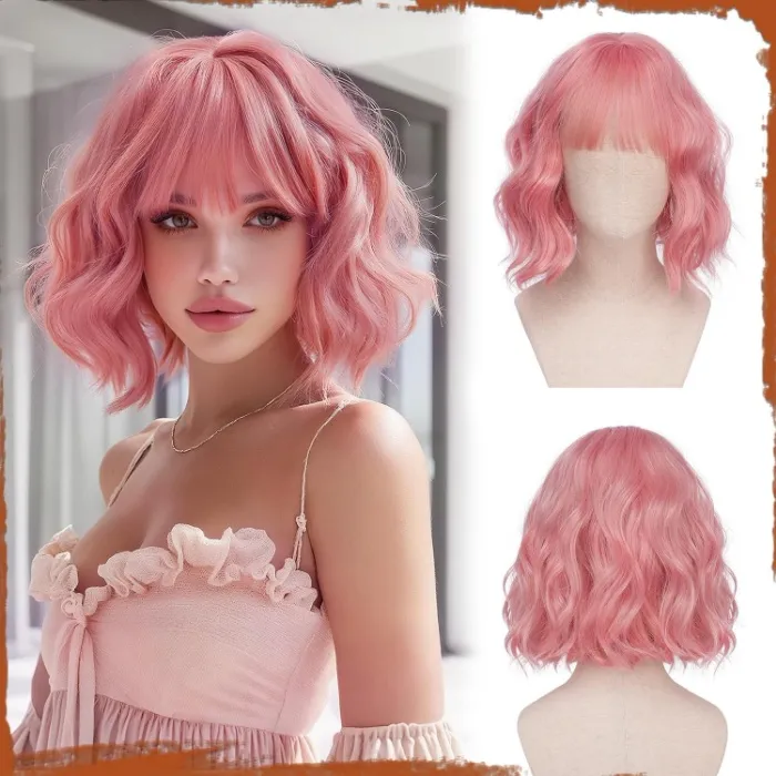 XILIYAI Bob Wigs for Women Short Curly Wavy Wig with Bangs 12 Inches Heat Resistant Synthetic Hair Wig for Halloween Costumes Cosplay Daily Use(Pink) : Amazon.com.au: Beauty
