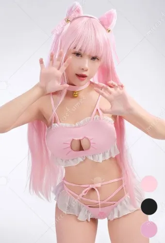 Lingerie Set with Ruffles Kawaii Cat Lingerie Top and Panties Open Chest Style