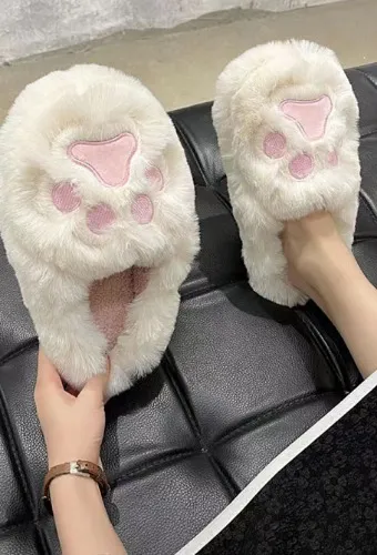 Kawaii Home Slippers Cartoon Cat Paw Print Slipper Soft Plush White House Slip On Slipper