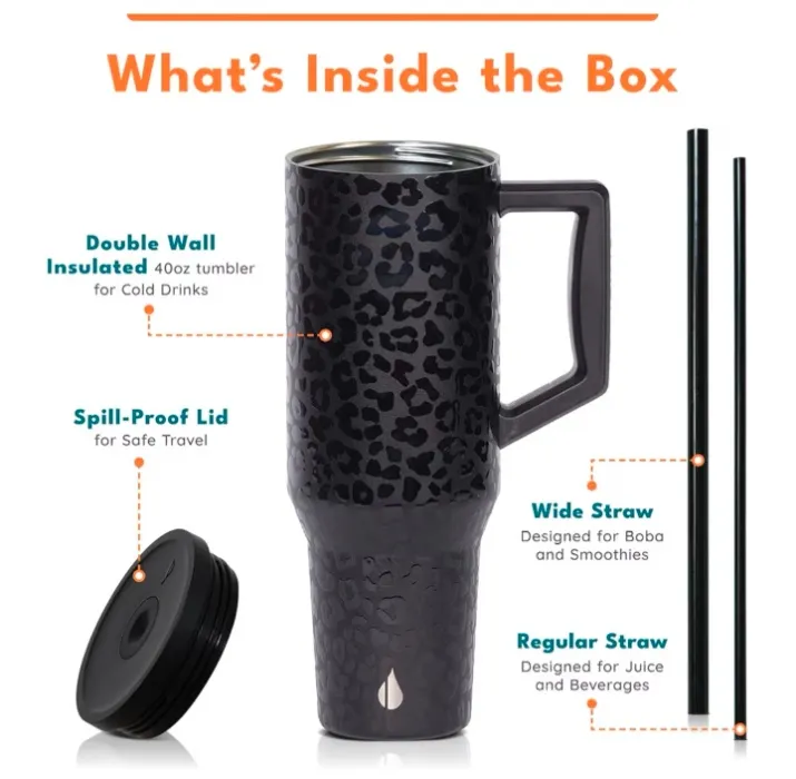 Elemental Tumbler with Handle & Straw - Triple Wall Stainless Steel Travel Tumbler with Spill-Proof Lid for Hot & Cold Drinks - 2 Reusable Straws - Car Cup Holder Friendly - 1183ml - Black Leopard : Amazon.com.au: Kitchen & Dining