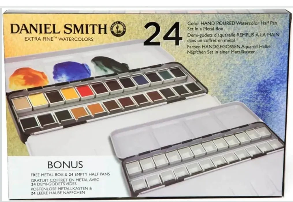 DANIEL SMITH 24 Color Hand Poured Watercolor Half Pan Set in a Metal Box