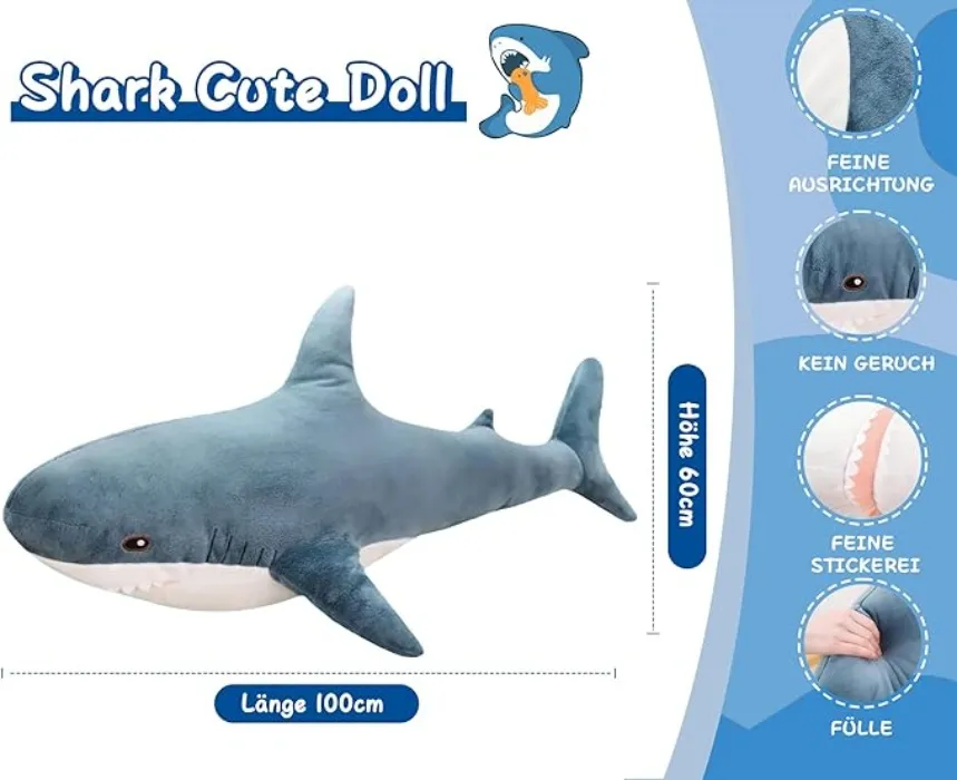 AURWEL XXL Hai Kuscheltier 100cm, Weiches Hai Spielzeug & Plüschtier, Großes Stofftier für Kinderzimmer-Deko, Einfach zu Reinigen Familie, Freunde und Tierliebhaber - Blau – 100 Cm