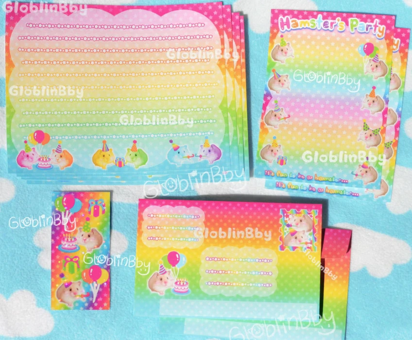 Rainbow Hamster Letter Set Heisei Retro Includes Letter Paper Envelopes Memo Sticker Seals Handmade Kawaii Y2K 2000s Cute Colorful 