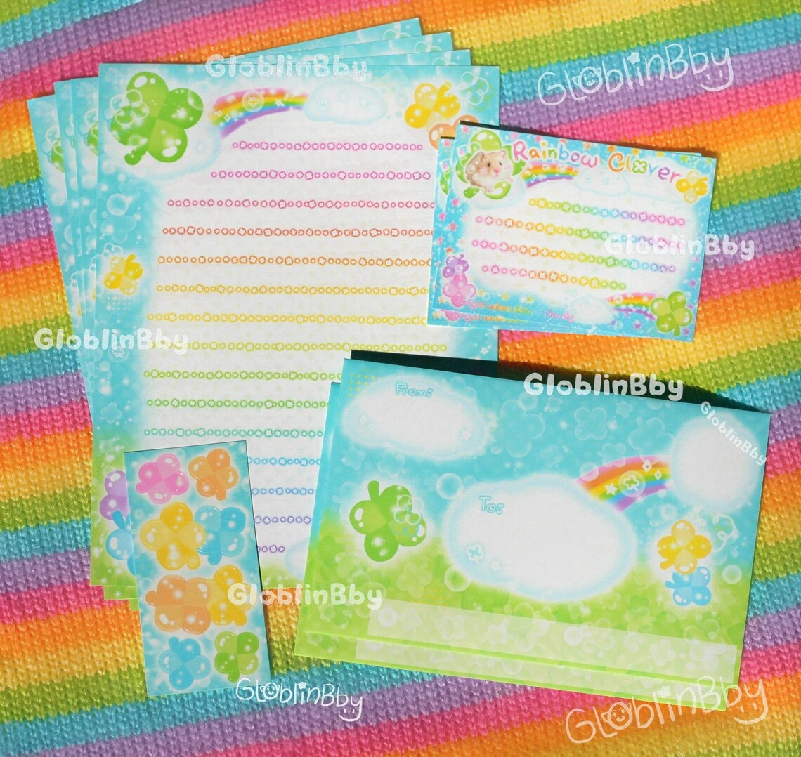 Handmade Clover Letter Set Heisei Retro Includes Letter Paper Envelopes Memo Sticker Seals Kawaii Y2K 2000s Cute Colorful Rainbow Decora 