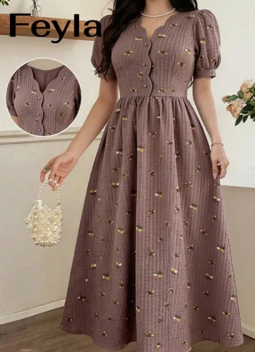 Feyla Vestido de fiesta elegante con cintura fruncida y bordado floral
