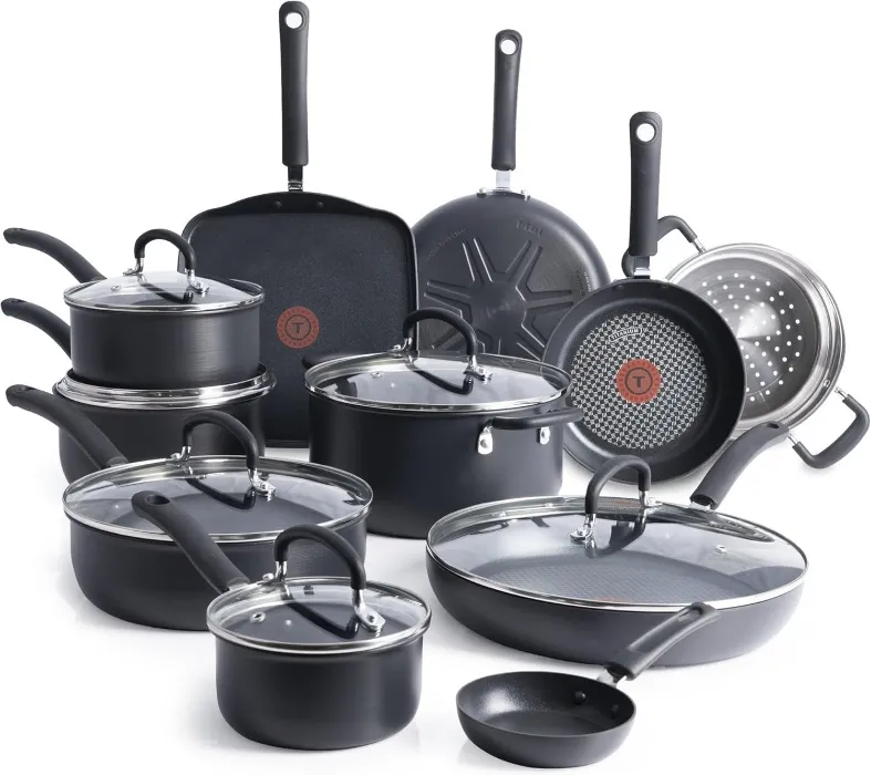 T-Fal Ultimate Hard Anodized Nonstick Cookware Set 17 Piece, Nonstick Pots and Pans Set with Fry Pan, Saucepans, Saute-Pan, Griddle, Dishwasher Safe, Black