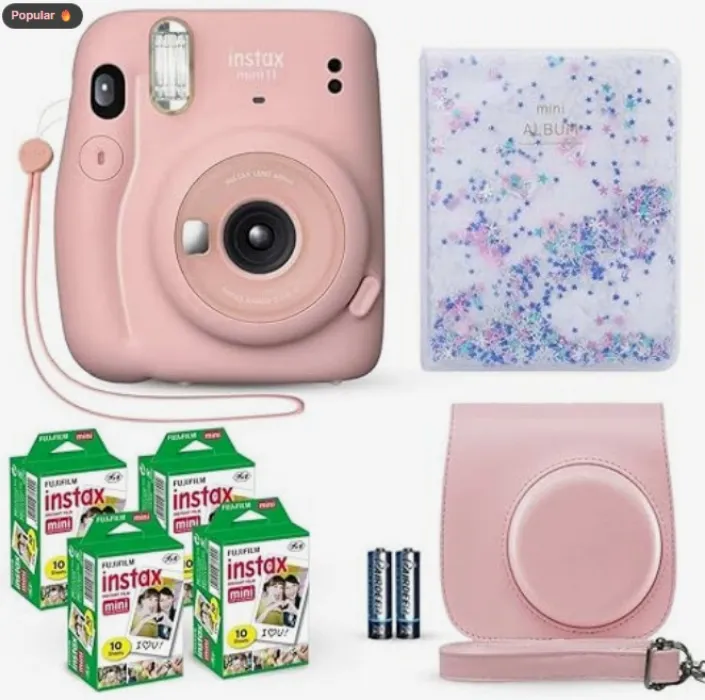 instax pink polaroid camera with case and 4 sets of film 