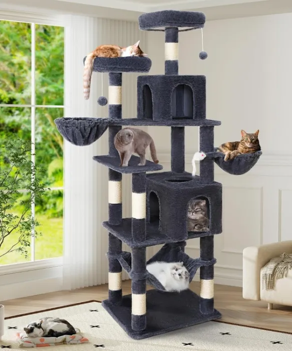 Cat Tree, 70 Inch Tall for Indoor Cats, Large Multi-Level Tower with Scratching Post, Hammock, Condos,