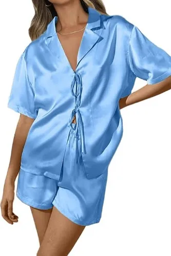 CHYRII Women's Silk Satin Pajamas Sets Tie Front Short Sleeve Tops and Shorts Two Piece Pj Sets Sleepwear - Small Baby Blue