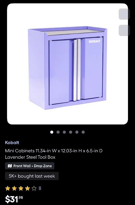 Mini Cabinets 11.34-in W x 12.03-in H x 6.5-in D Lavender Steel Tool Box https://www.lowes.com/pd/Kobalt-11-34-in-W-x-12-03-in-H-x-6-5-in-D-Lavender-Steel-Tool-Box/5018702601