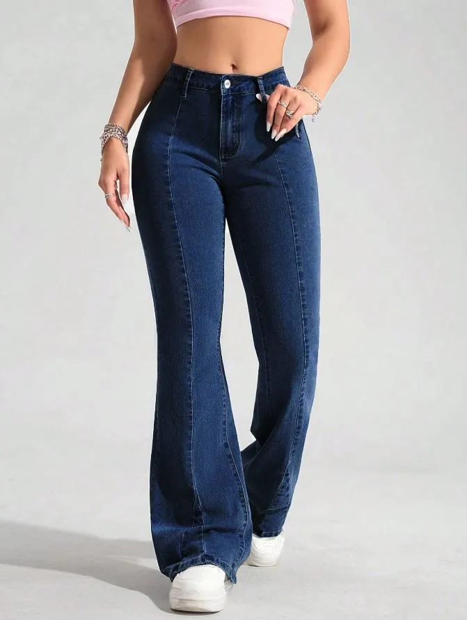SHEIN PETITE Women's Casual Street Style Seam Front Flare Jeans