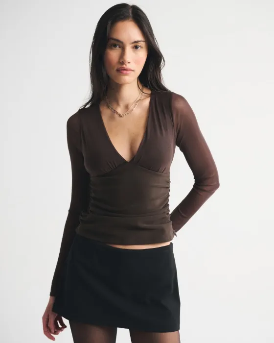 Bra-Free Long-Sleeve Mesh Plunge Top - Dark Coffee