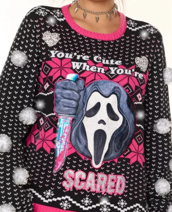 Light-Up Ghost Face You’re Cute When You’re Scared Christmas Sweater - Spencer's