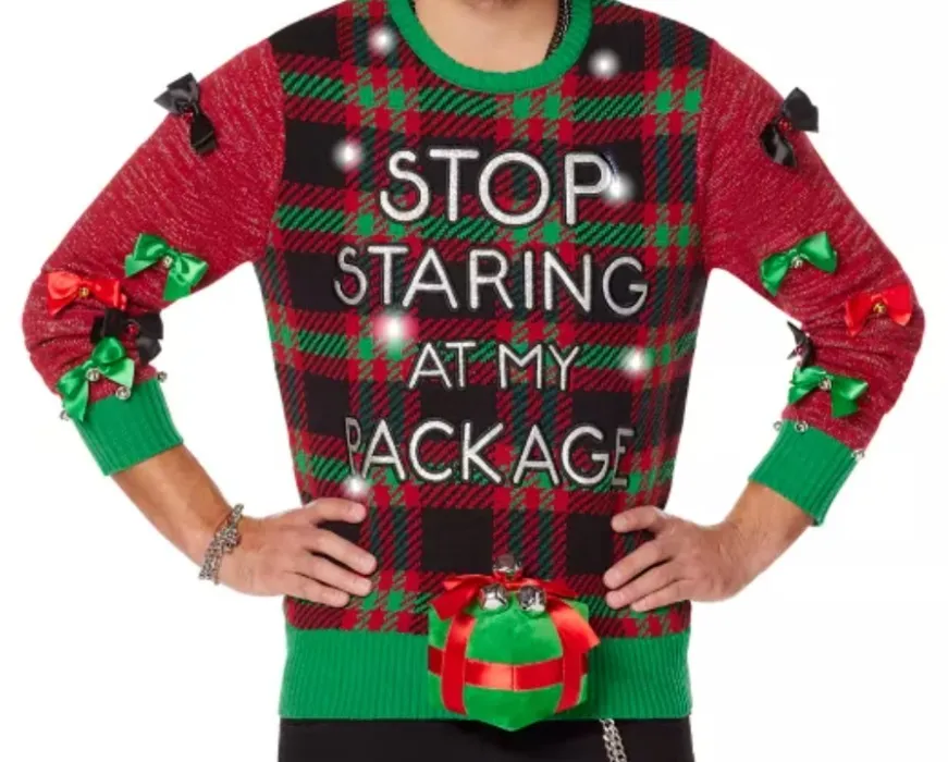 Light-Up Stop Staring At My Package Ugly Christmas Sweater - Spencer's
