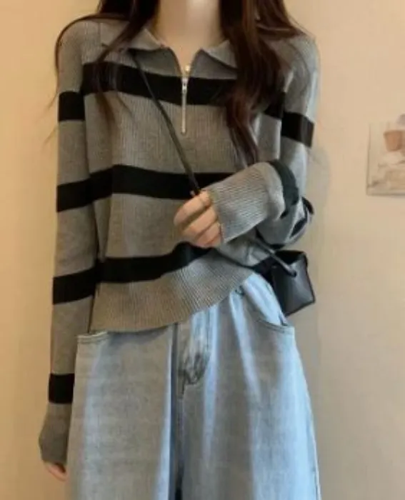 Mujeres Moda Pullover Tops Cardigan Punto Suéter De Rayas