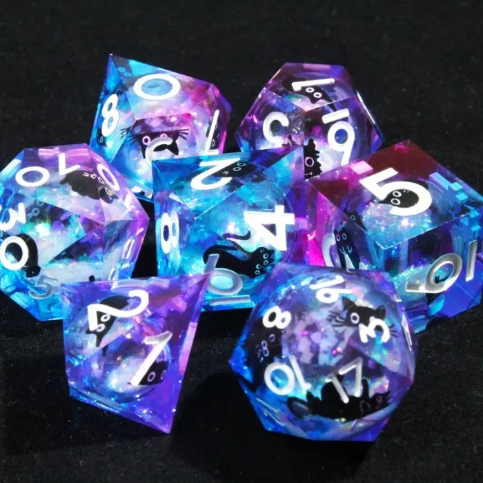 Magic Cat Eye Dice Set 7 Piece Pink and Blue Liquid Core Resin Dice with Black Cat Glitter DND Dice 