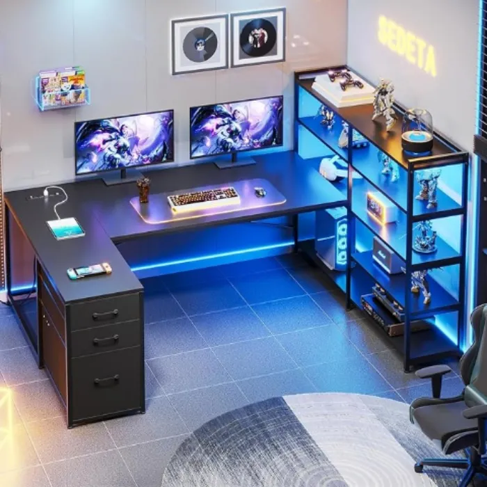 SEDETA L Shaped Gaming Desk, Reversible U Shaped Computer Desk with Power Outlet and Storage Shelves, Corner Gaming Desk with LED Lights, 3 Fabric Drawers, Black