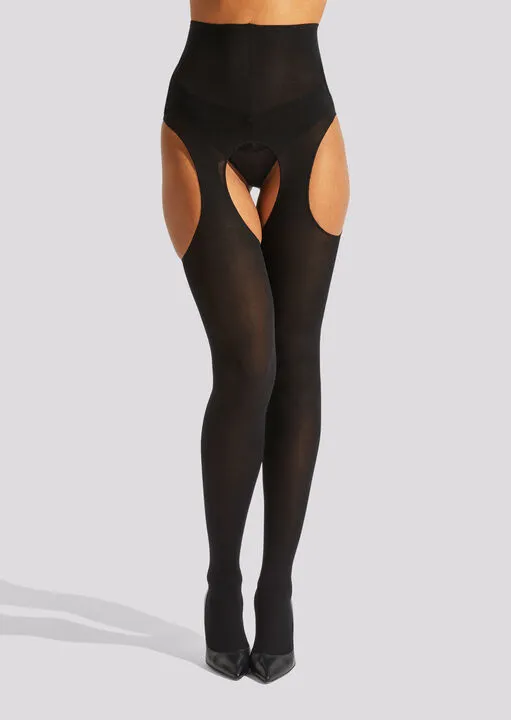 High Waisted Crotchless Glossy Tights Black