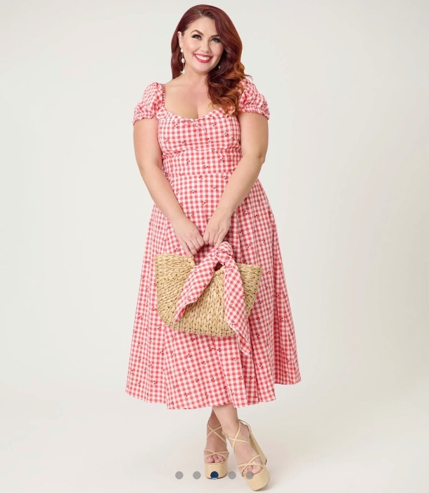 Unique Vintage Red Gingham & Cherries Puff Sleeve Midi Dress