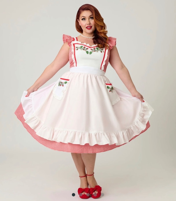 Unique Vintage Red Gingham & White Ruffled Apron Swing Dress