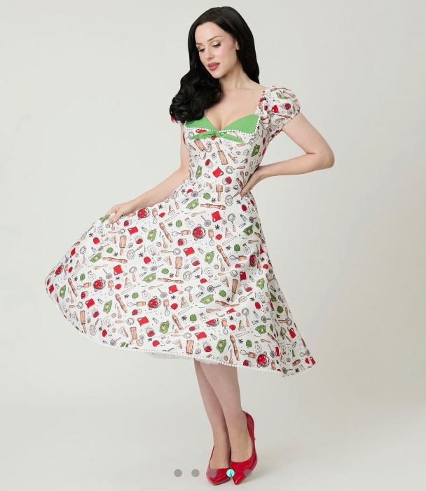 Unique Vintage Retro Kitchen Print Swing Dress