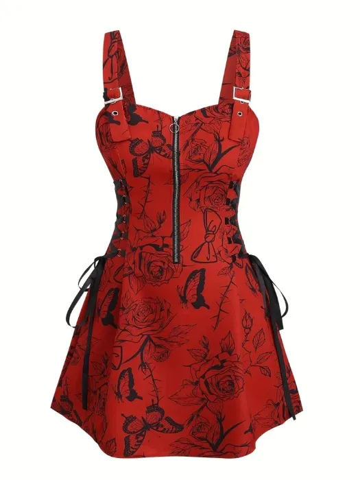 [Plus Size] 1970s Rose Floral Steampunk Zipper Dress | Red / 4XL