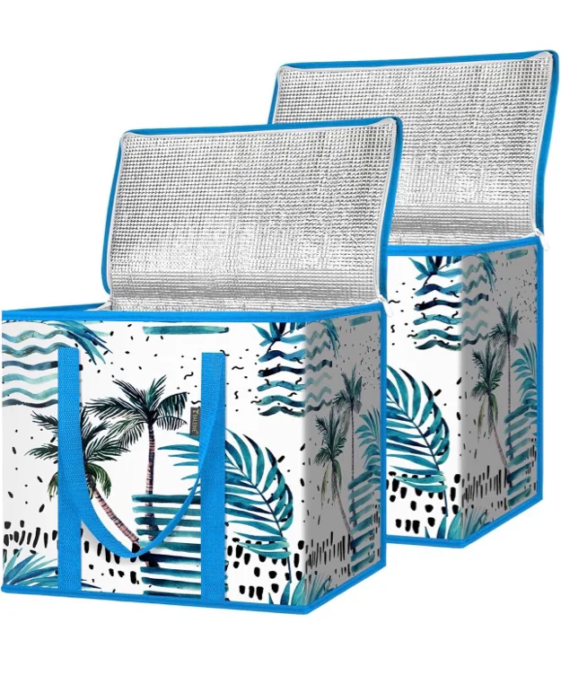 BALEINE 2Pk Insulated Reusable Grocery Bags, Collapsible Cooler Bag for Groceries, Heavy Duty Large Insulated Bag (Bright Red) / Island Breeze