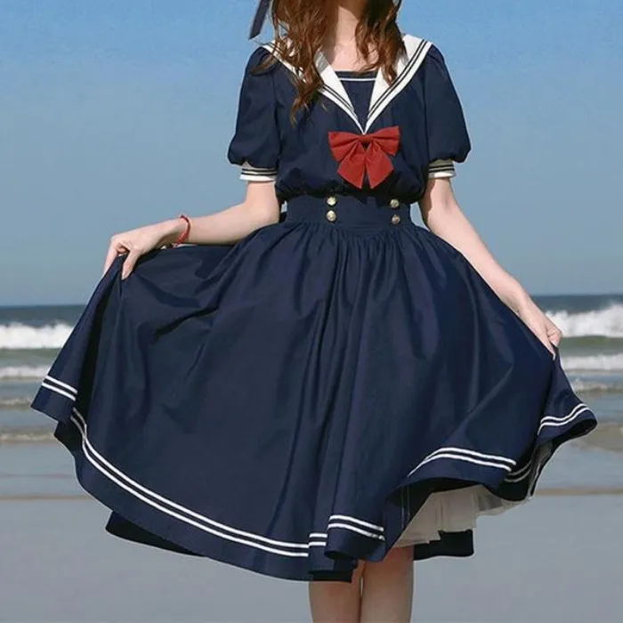 Sweetra Navy Collar Short Sleeve Bow Decor Preppy Style Dress