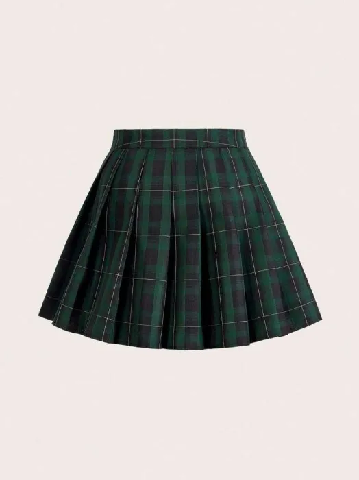 Sweetra Plaid Printed Pleated Skirt