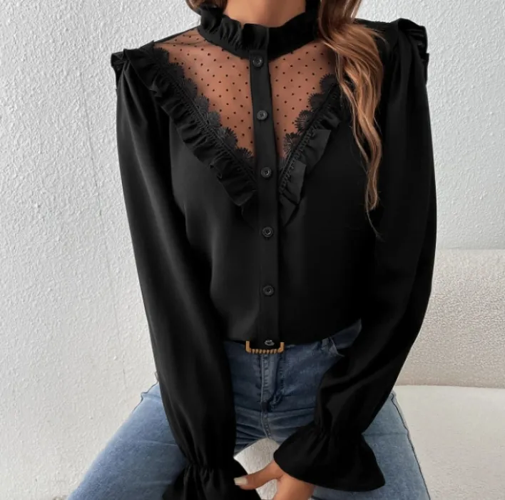 Black Mesh Long Sleeve Ruffle Trim Blouse