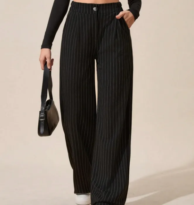 Striped Fold Over Pleated Wide Leg Pants