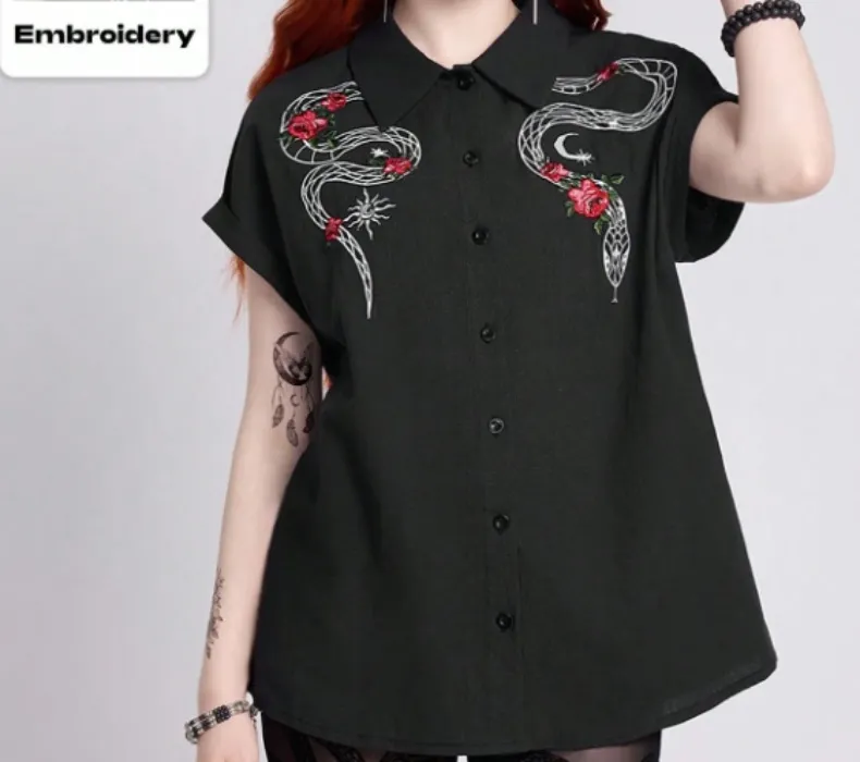 Casual Graphic Black Gothic Style bluse